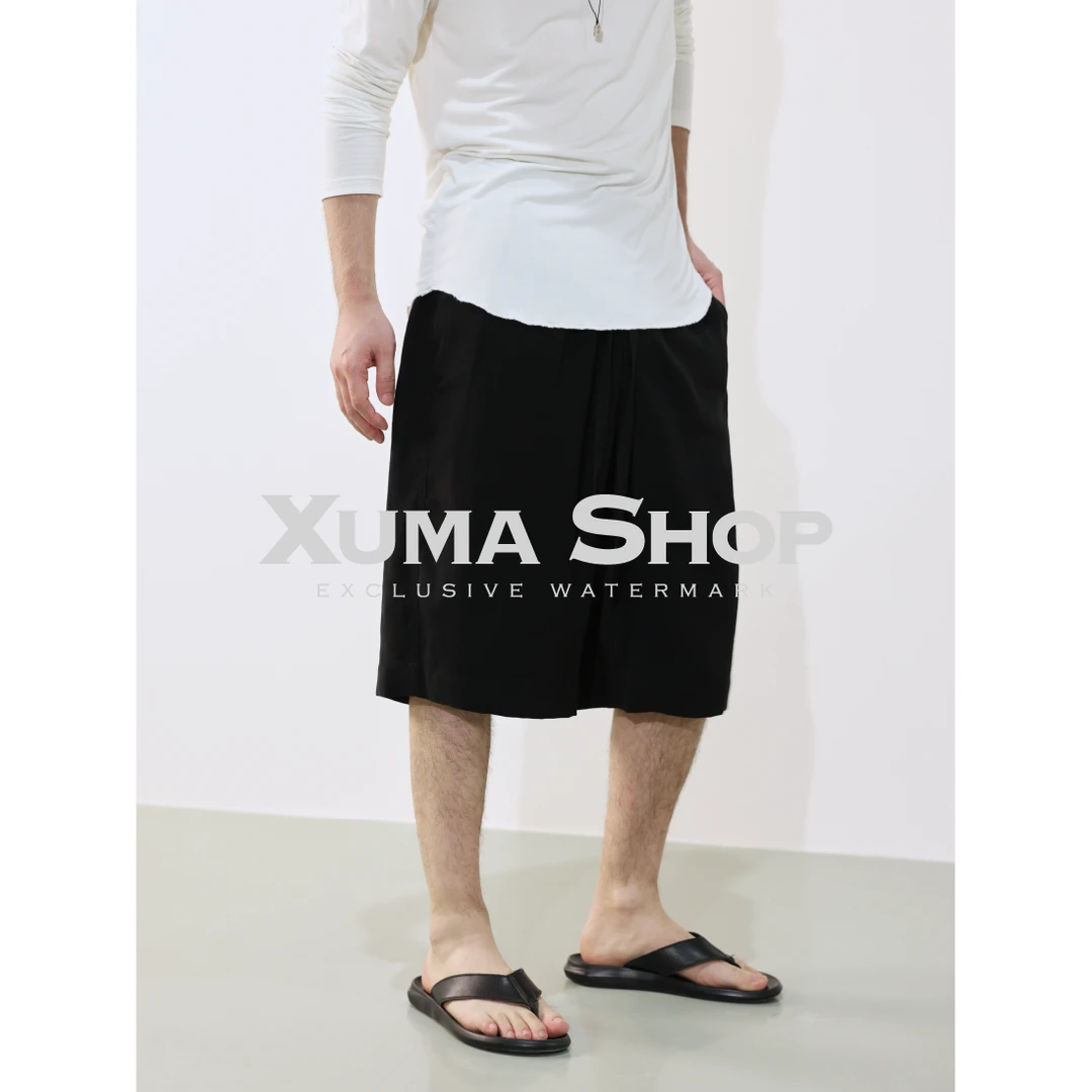 【XUMA 】2025夏季195g精纺纤维舒适简约六分松紧腰宽松休闲短裤