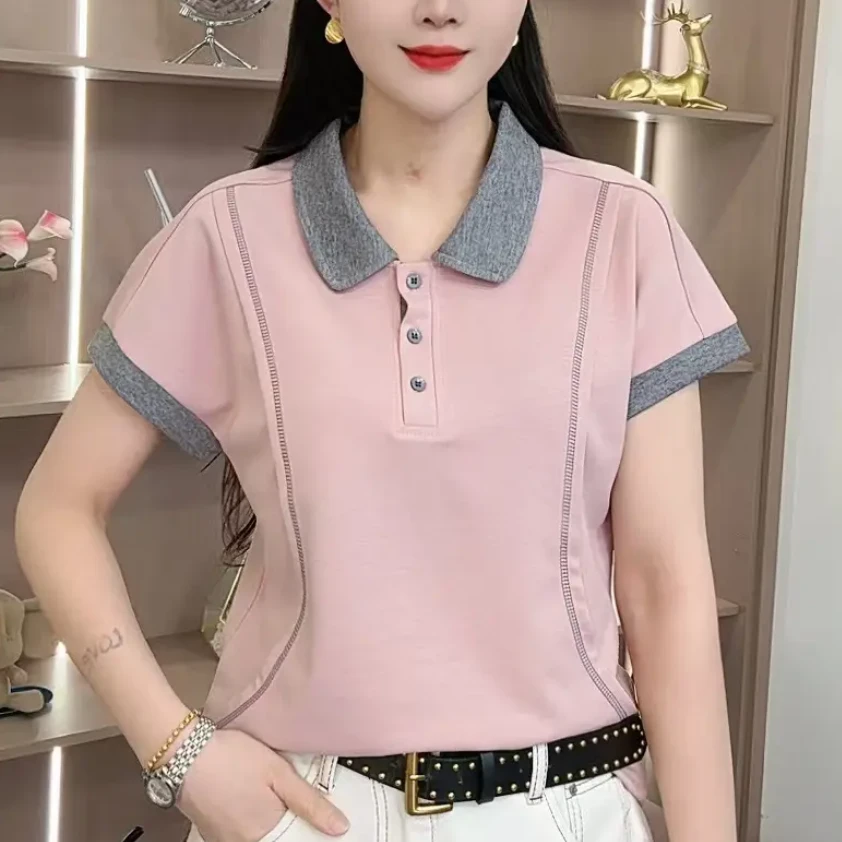 夏季新款拼接洋气套头短袖气质百搭纯色撞色减龄宽松优雅休闲上衣