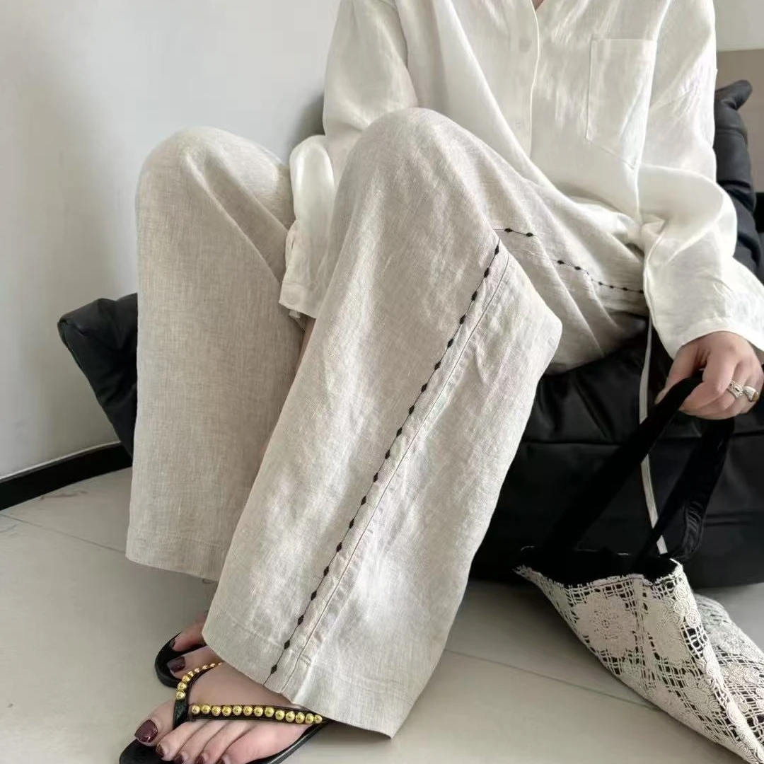 女士侧边刺绣亚麻直筒裤7716