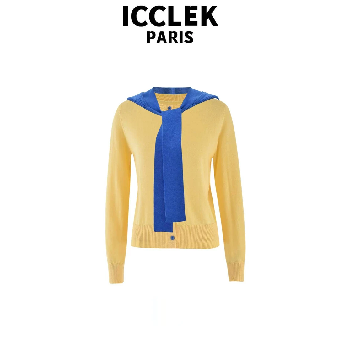 ICCLEK 柠檬黄拼色长袖连帽长袖针织衫宽松通勤秋冬百搭上衣-7021