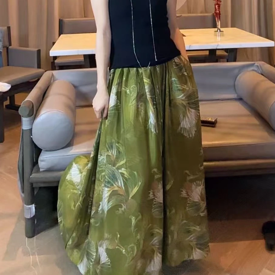 TANTAN  铜氨丝 气质绿花色松紧腰半裙 LL 2212