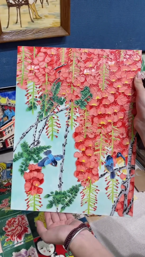 瓷片30*40cm陶瓷单瓷片款紫藤小鸟