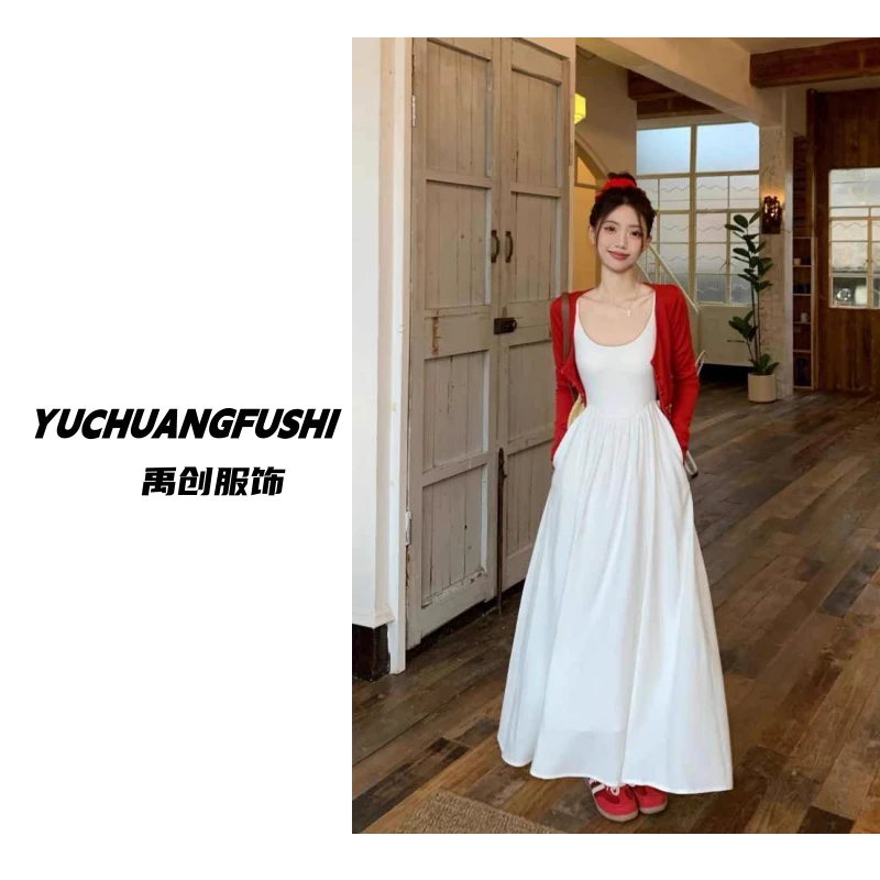 夏装搭配时尚2025新款爆款吊带长裙红色薄款长袖