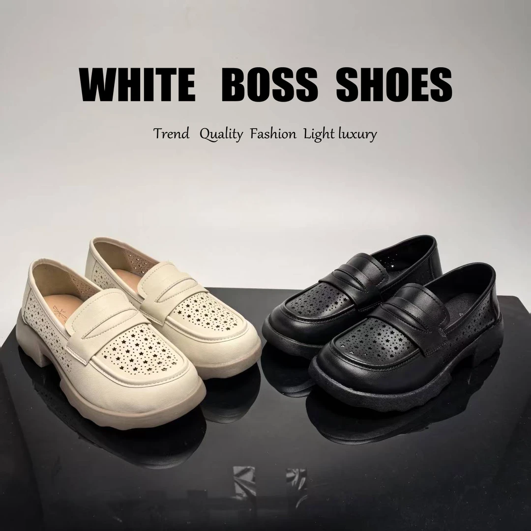 春季新款厚底乐福鞋镂空时尚真皮百搭舒适休闲女鞋 6085