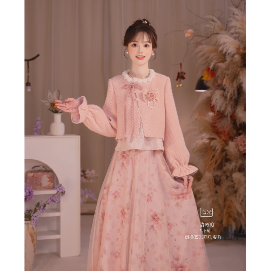 瑶西【蔷薇花粉】冬季厚款仙气假两件上衣碎花粉半裙