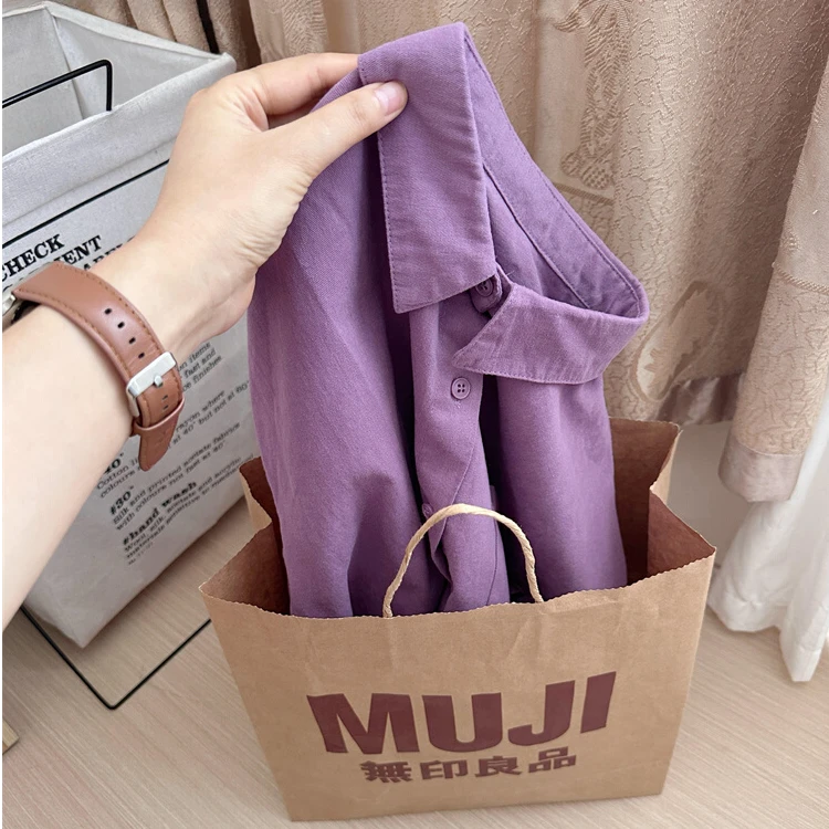 韩系漂亮小上衣春秋紫色衬衫女宽松慵懒风小个子长袖衬衣开衫外套