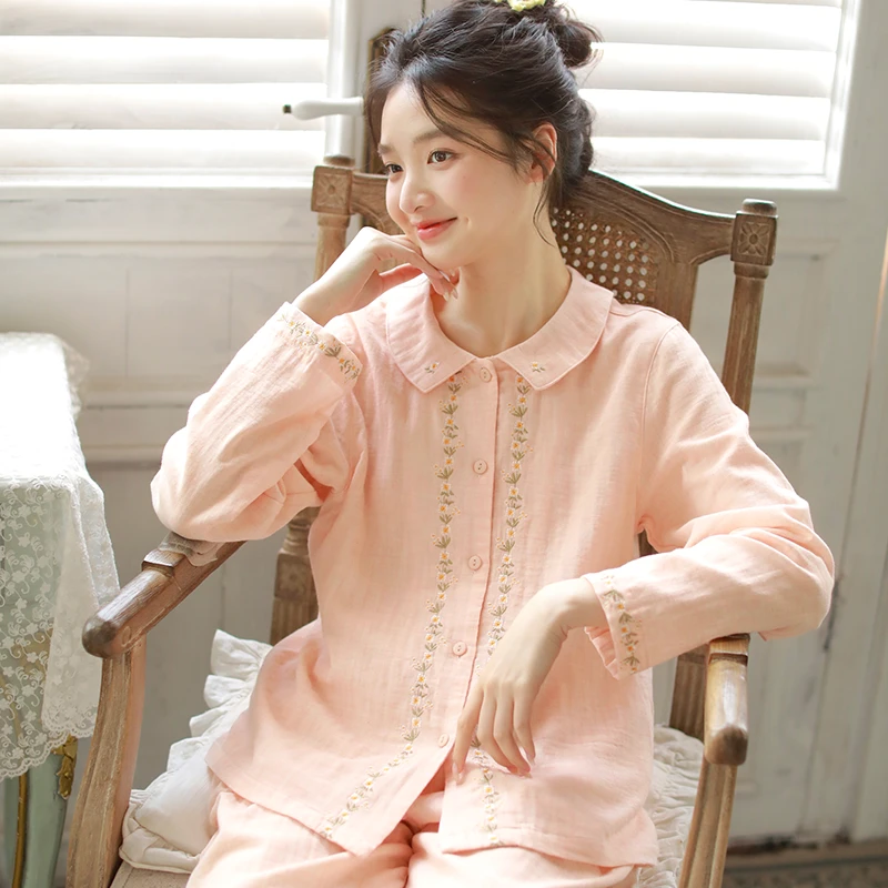 春夏季纯棉女士睡衣四季可穿宽松刺绣薄款长袖长裤家居服睡衣套装