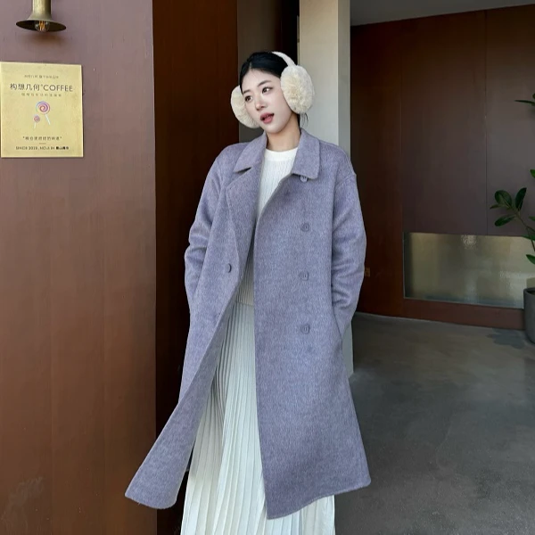 艾格宽松慵懒显瘦气质百搭长款双面羊毛大衣女秋冬小个子29112