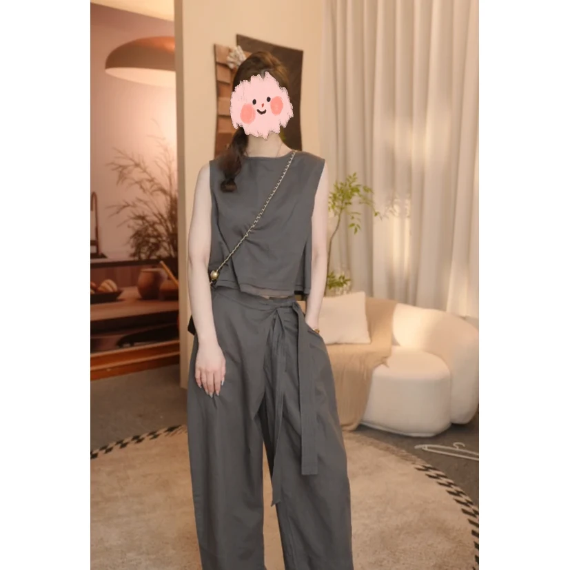 2025夏季新款韩系休闲通勤工装无袖上衣弯刀裤宽松阔腿裤两件套装