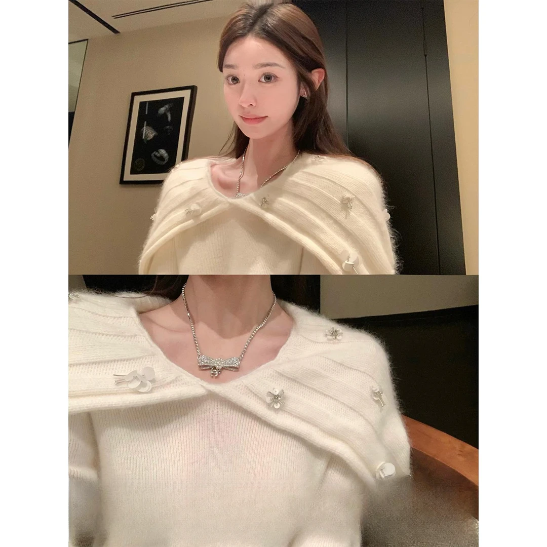 女装cchen陈陈  雪淞恋人 浣熊绒重工花钻大翻领喇叭袖毛衣冬季上