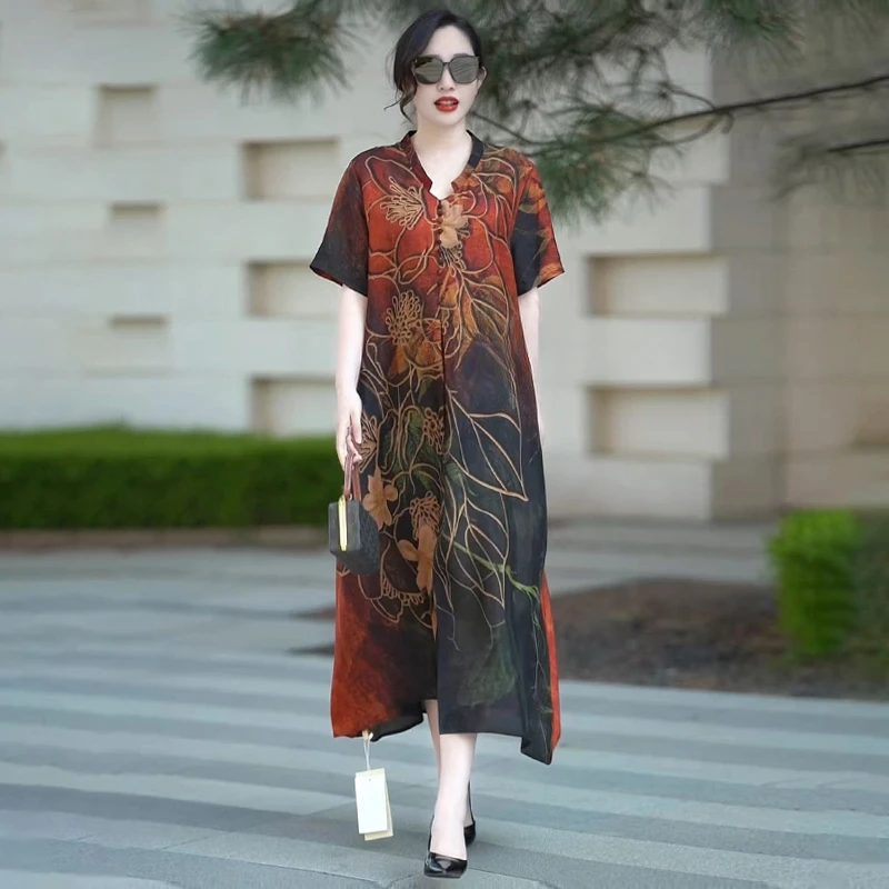 504气质妈妈真丝连衣裙中年女装2025夏洋气高贵复古大码200斤长裙