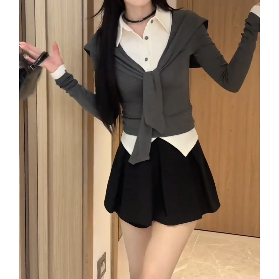 今年流行穿搭女新款韩版休闲减龄洋气假两件上衣高腰百搭显瘦裙裤