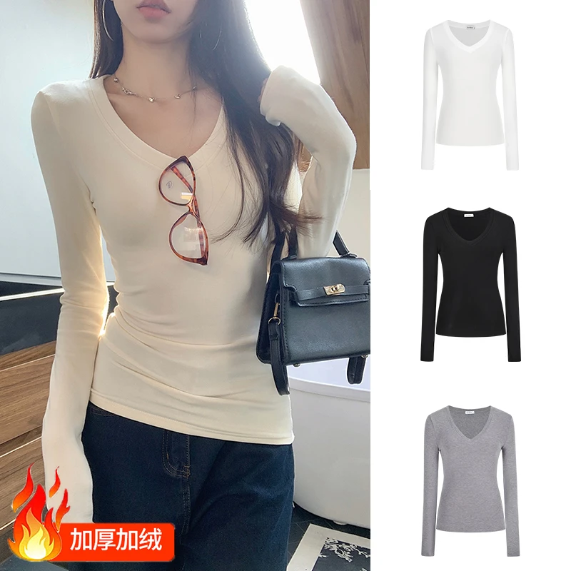 Moses Queen/魔西女王加绒正肩V领T恤女修身长袖秋冬内搭打底衫