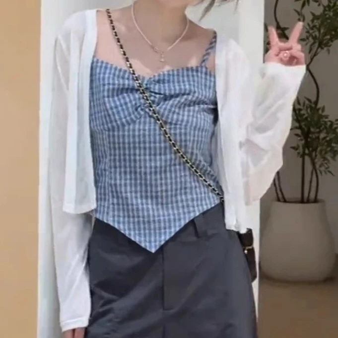 大码女装韩系蓝色格纹吊带背心夏季薄款胖mm遮肚显瘦内搭无袖上衣