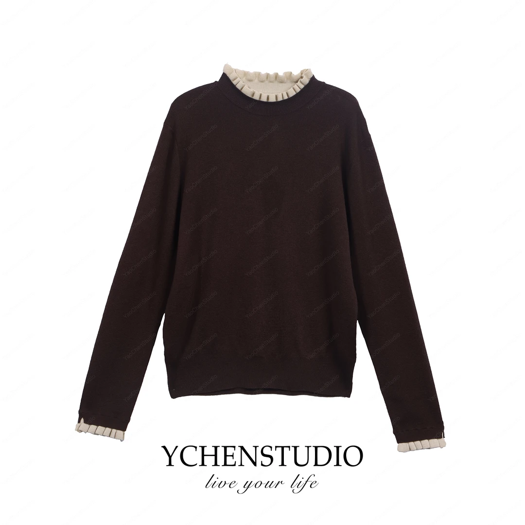 YC【朝气】小众设计感假两件拼接花边针织衫LJ195