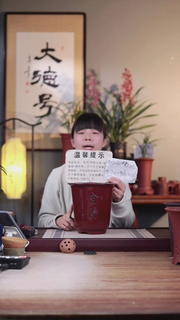 【闪购商品】紫砂花盆瑕疵胭脂红刻绘舍得大号金钟一只无托盘