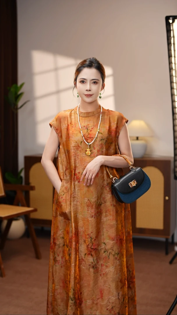 2025新中式国风秋日花影连衣裙