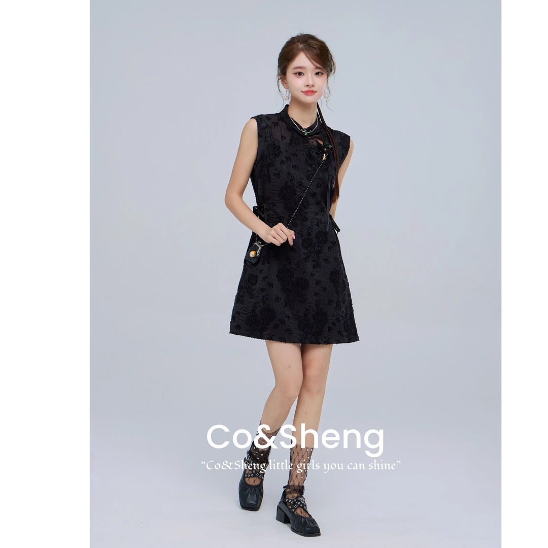 垂芳/重生小个子夏季新款新中式旗袍黑色女时尚刺绣无袖提花