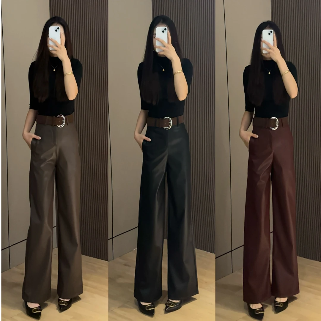 直筒皮裤女2025秋季新款高腰宽松垂感PU皮窄版阔腿99522#【赠腰带】