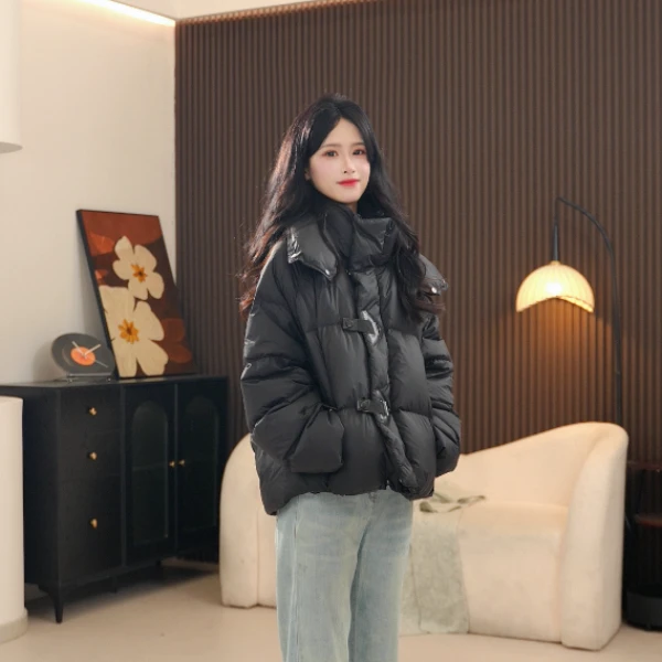 短款长袖连帽可调节厚款宽松时尚韩版羽绒服