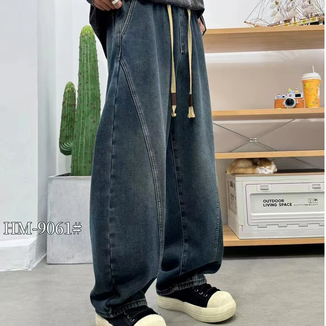 9061#（加绒加厚）牛仔裤弯刀潮流宽松直筒阔腿复古休闲长裤