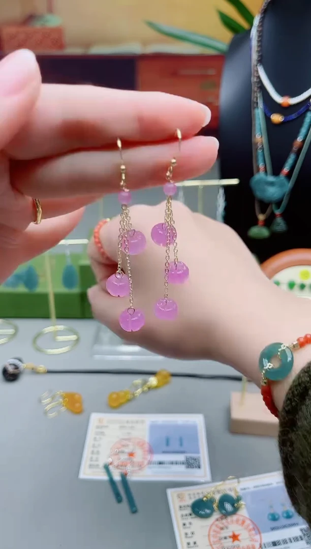 未镶嵌耳饰玛瑙/玉髓紫色南瓜流苏