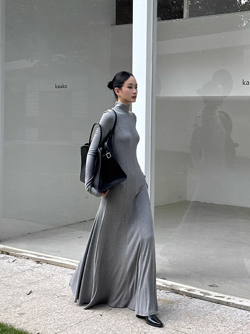 网红时尚气质高领长袖修身显瘦法式收腰连衣裙秋冬内搭长款裙子