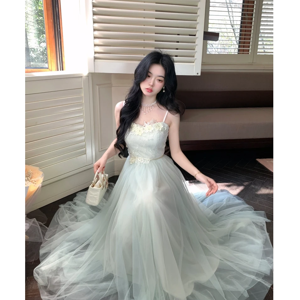 大码女装氛围感穿搭方领薄荷绿网纱梦幻公主风吊带裙11524