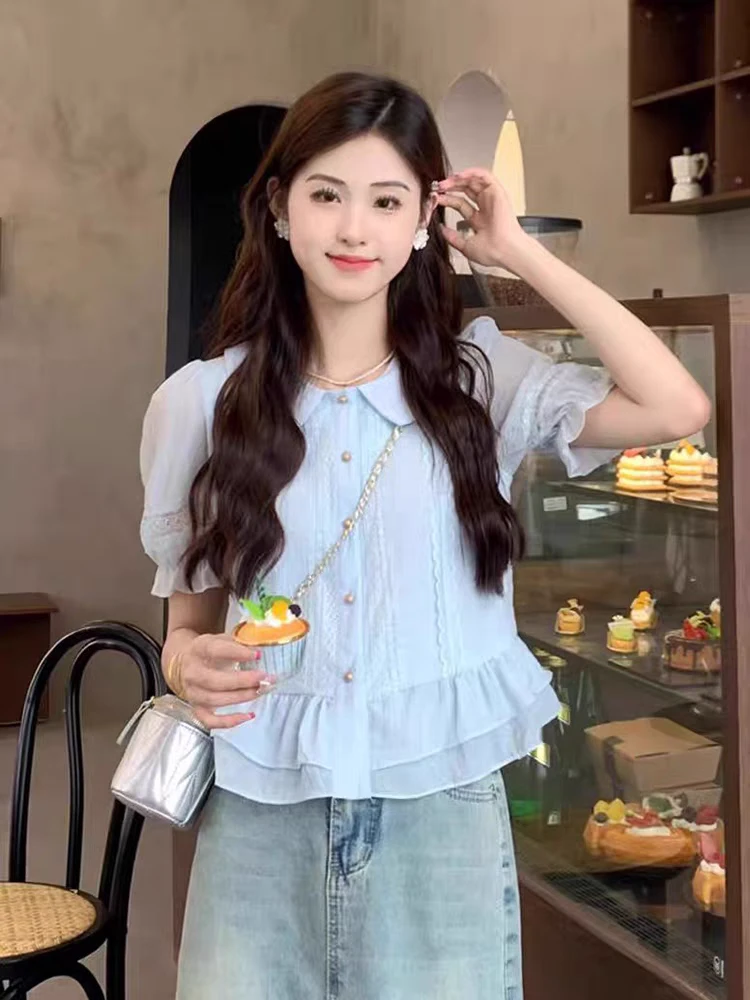 法式娃娃领复古蓝色泡泡袖衬衫女夏季新款减龄上衣小香风短袖上衣