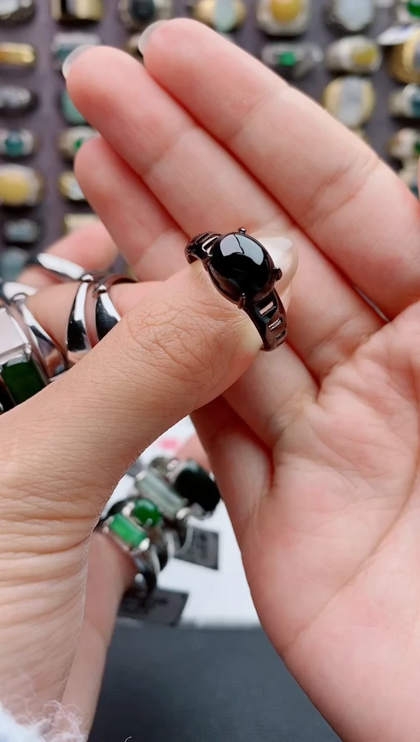 银S925镶嵌戒指翡翠布*天然翡翠男戒