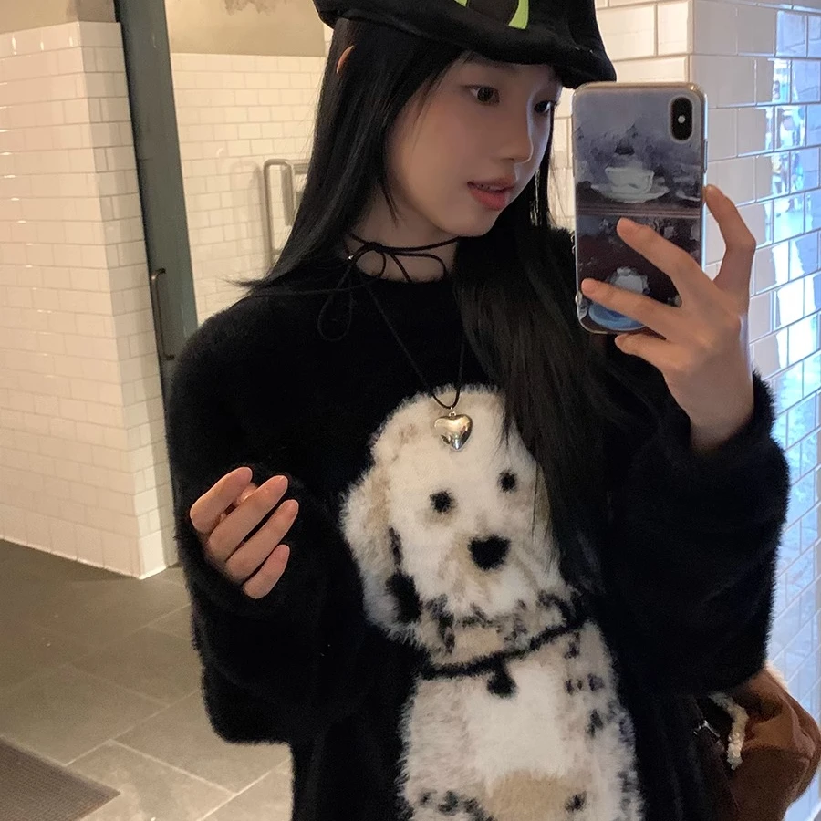 复古慵懒风豹纹保暖毛衣外套女秋冬软糯宽松休闲针织开衫上衣