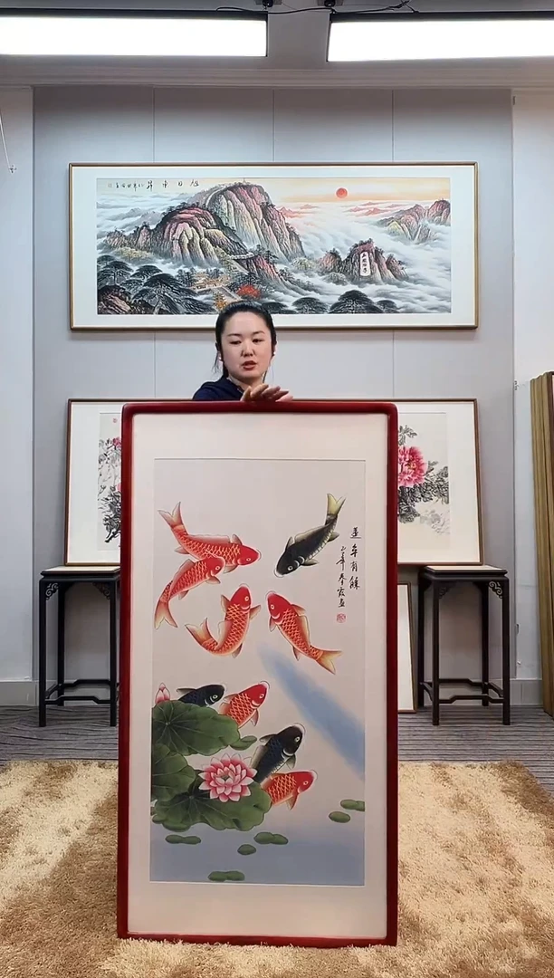 国画手绘九鱼图123*63尺寸