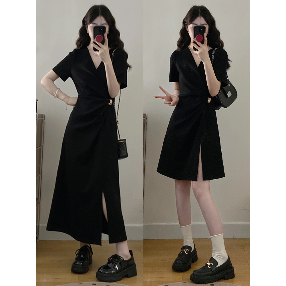 【朵拉】大码女装胖mm法式v领扭结气质金扣收腰侧边开叉连衣裙