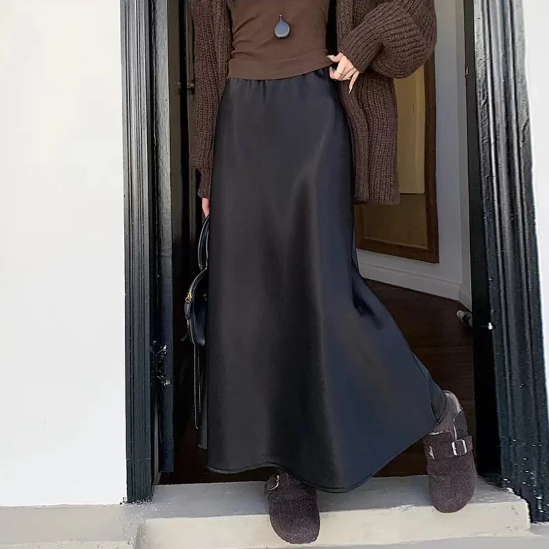 【千金】加绒半身裙女新款高腰垂感a字裙高级感酸酸缎面松紧长裙