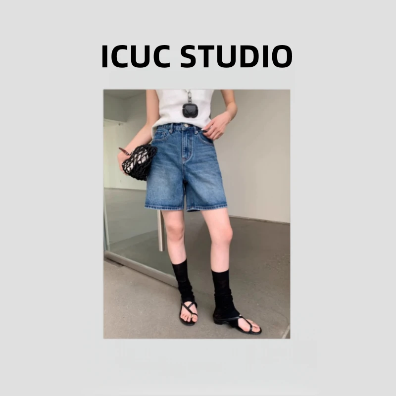 ICUC STUDIO-【MV牛仔短裤】夏季薄款显瘦蓝色阔腿A字中裤096-13