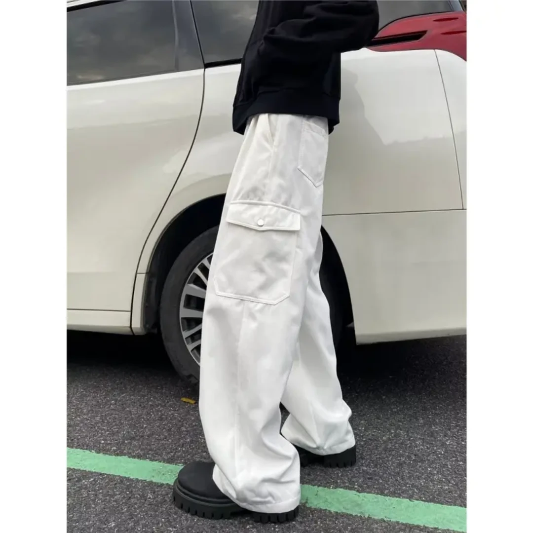 HandSeven白色工装裤简约宽松直筒长裤男女款显瘦高腰时尚休闲