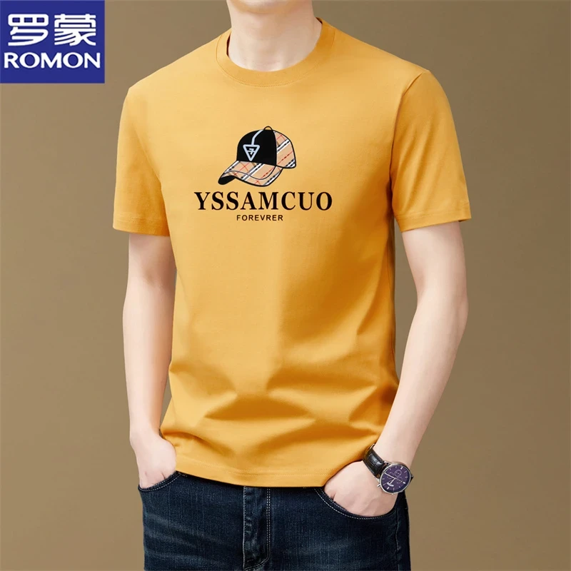 罗蒙纯棉短袖T恤男士休闲圆领潮流印花体恤夏季新款百搭上衣汗衫