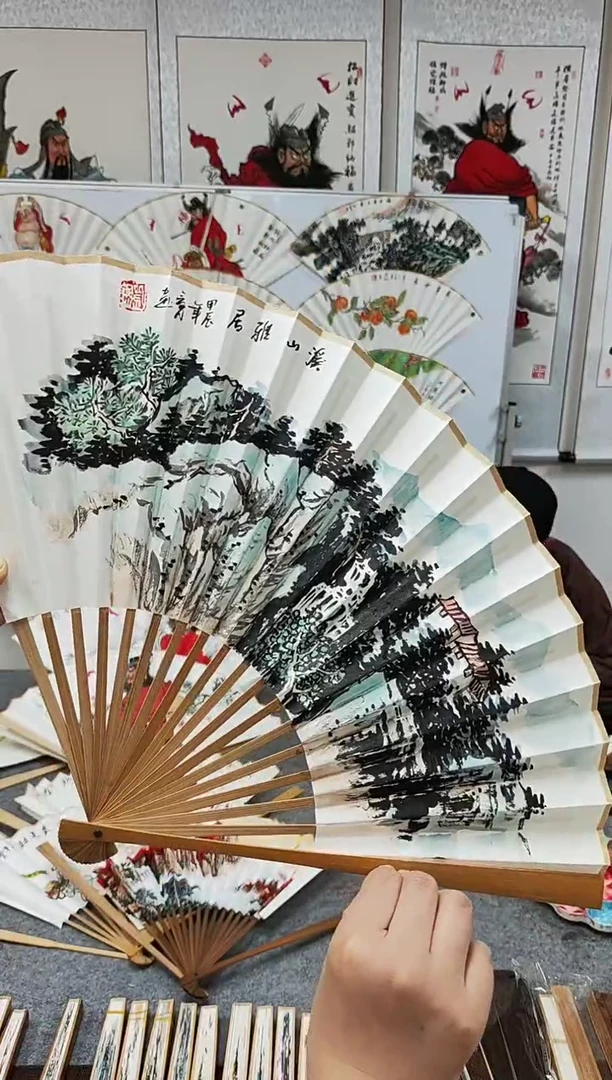 国画9.5寸18方水磨玉竹文玩扇-手绘山水