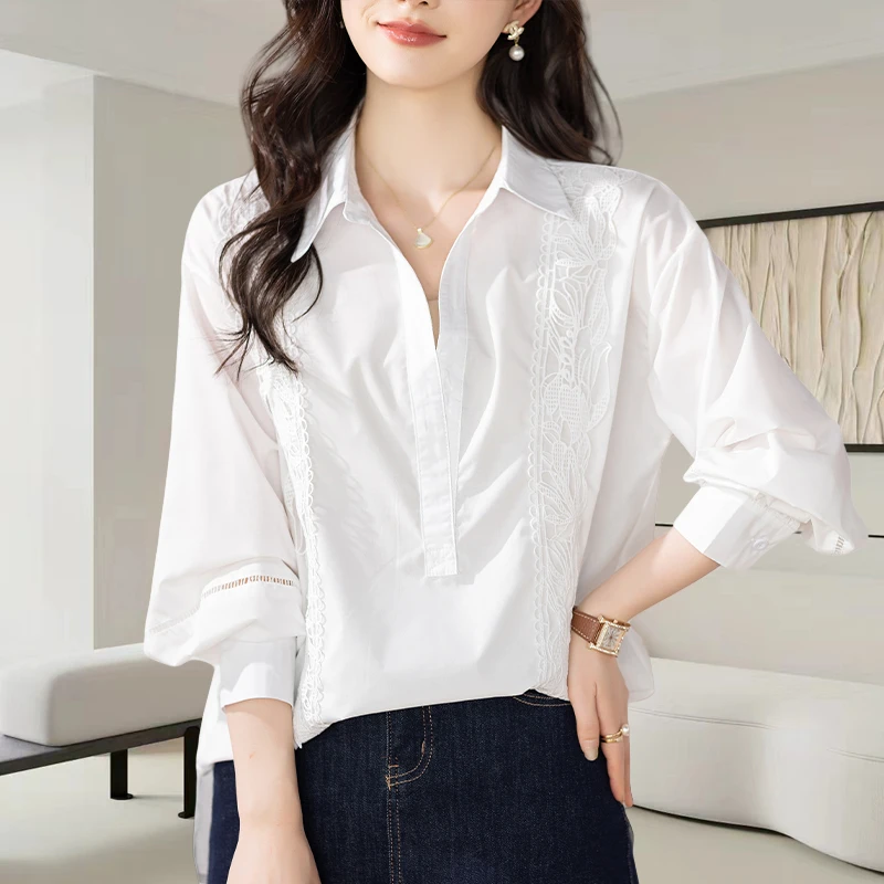 法式白色镂空绣花衬衫女士2025秋季新款宽松显瘦别致气质小衫上衣