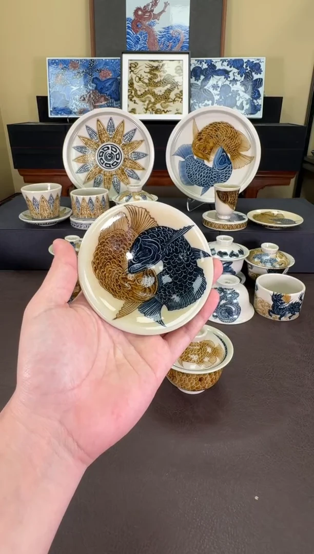 【闪购商品】二号釉金龙鱼斗笠杯