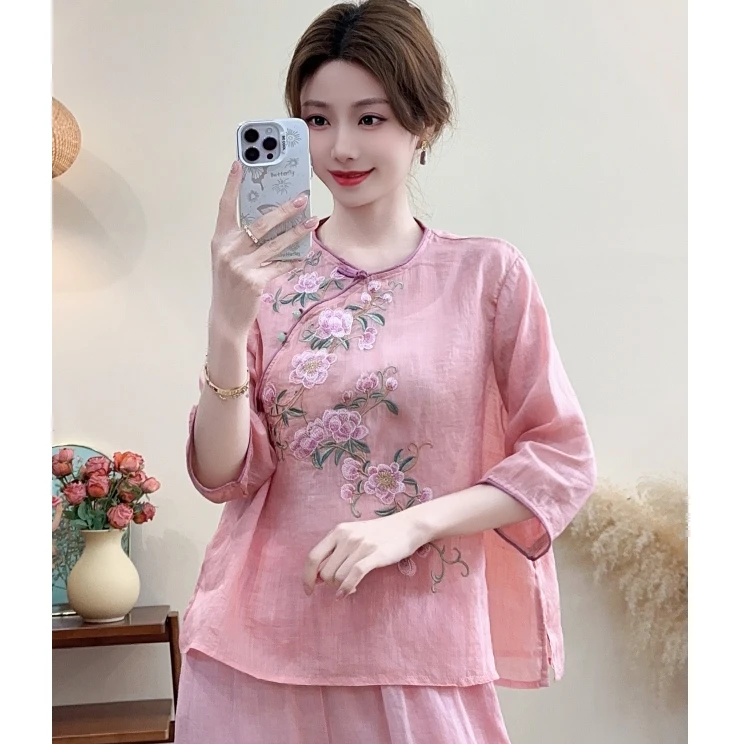 晓妍》国风苎麻女衬衫刺绣原创文艺唯美宽松复古圆领新中式上衣