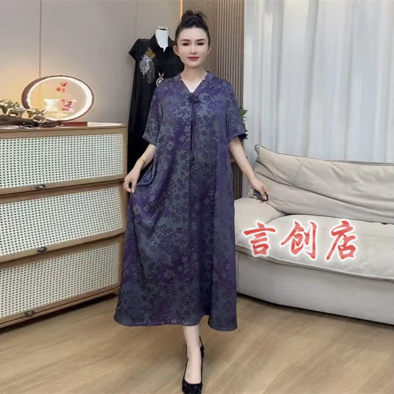 528气质妈妈缎面碎花连衣裙夏新款坠感国风流苏V领200斤大码长裙