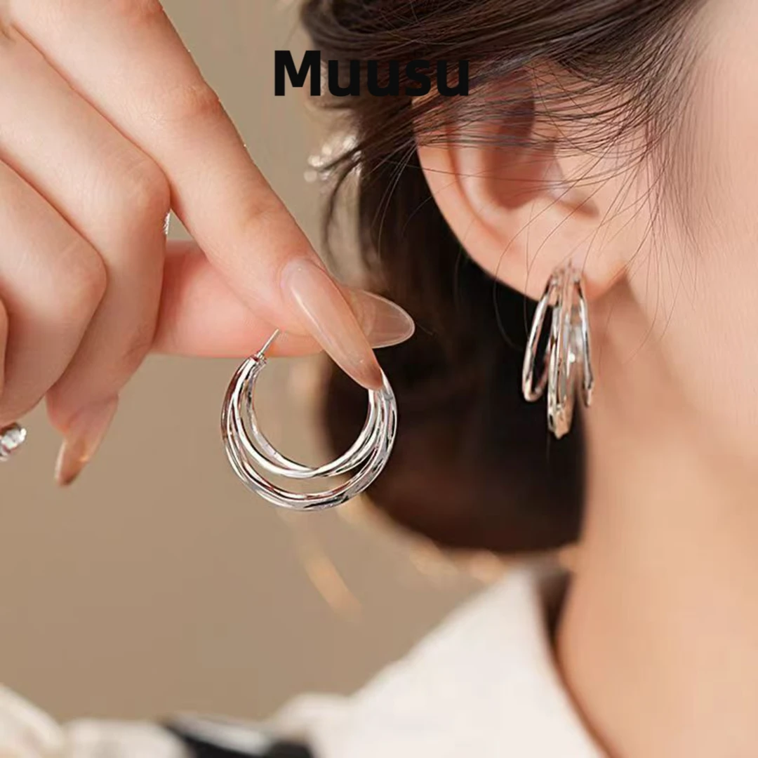 【Muusu】新款银色立体三层圈圈耳环2025高级感个性百搭耳饰
