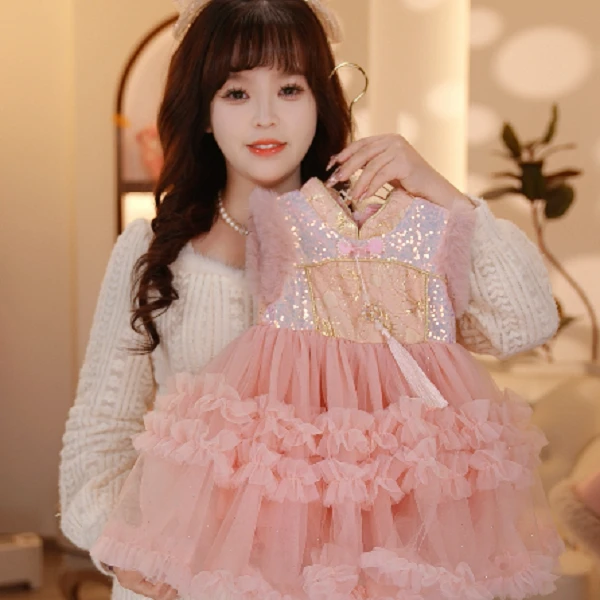 【Y.a6850】24新款女宝甜美立领重工网纱背心裙女童冬季保暖马甲裙