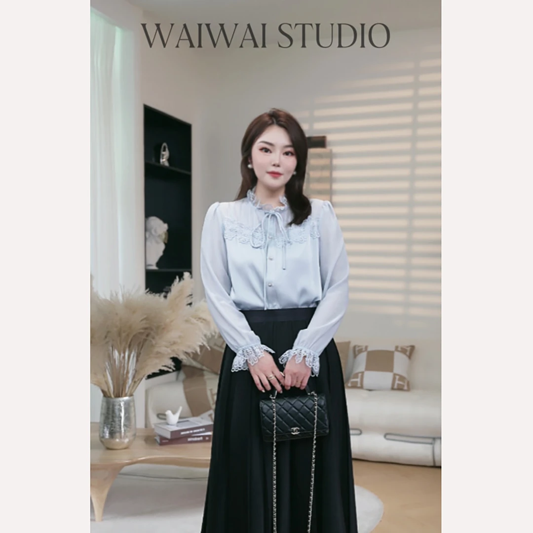【费尔岛之旅】 新款重工风琴折时尚重磅缎感木耳花边衬衫 Q1106