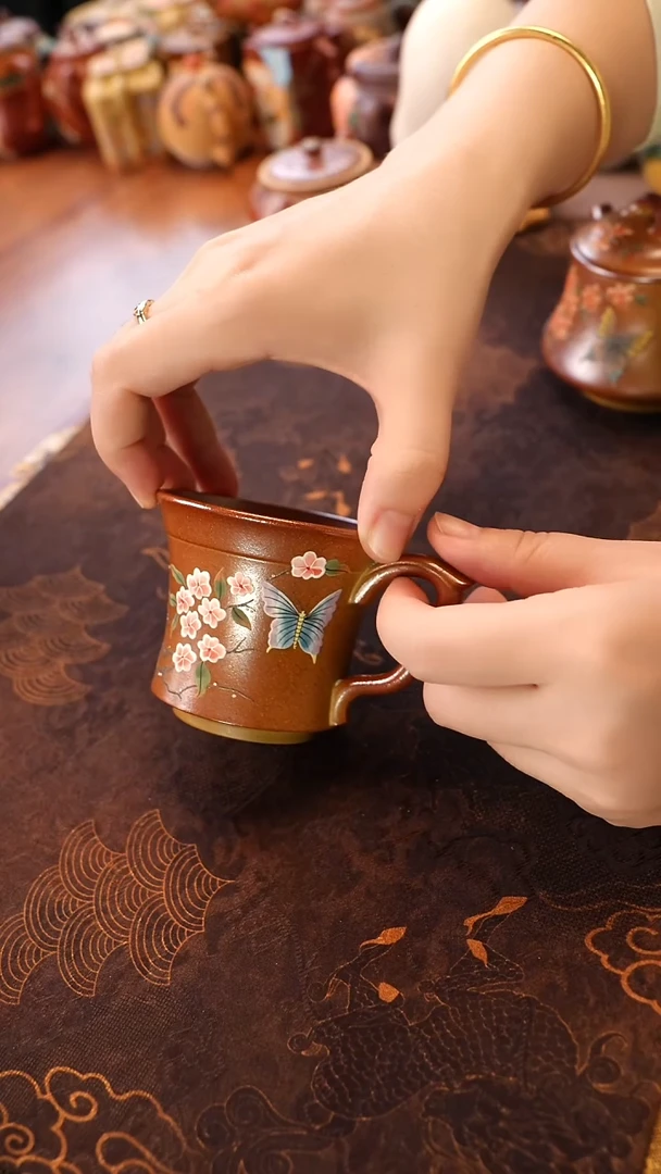 茶壶紫砂柴烧蝶恋花 把手杯