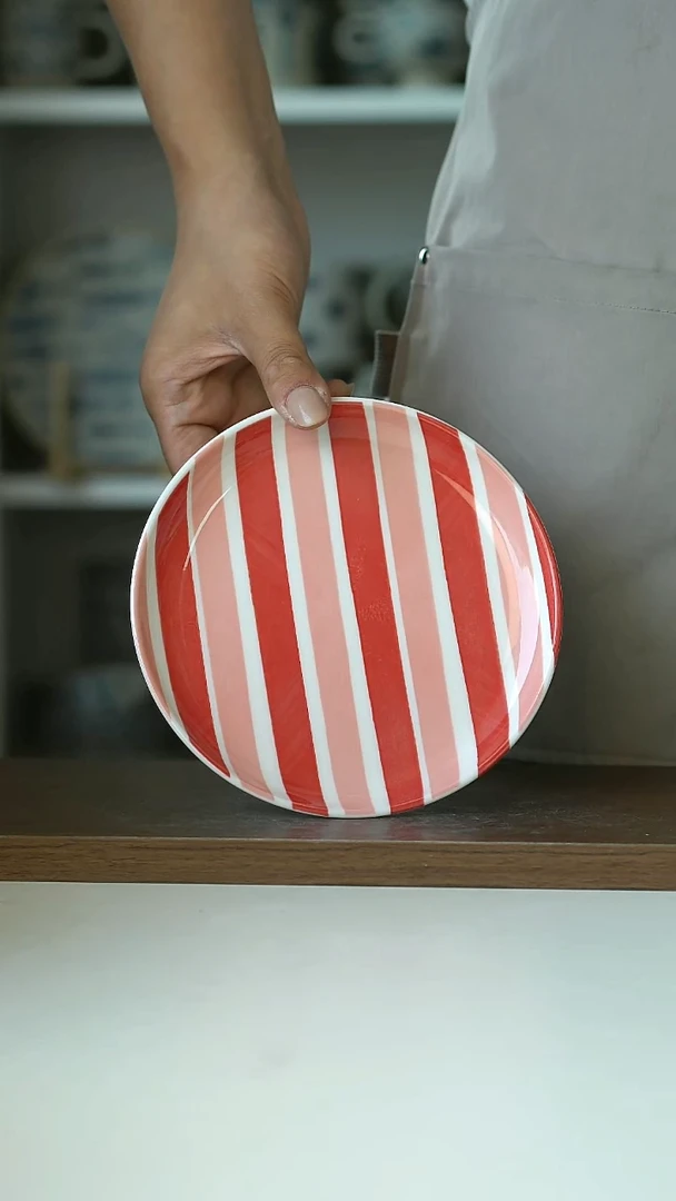 微瑕出英红彩细条纹甜品盘15cm@4-2@
