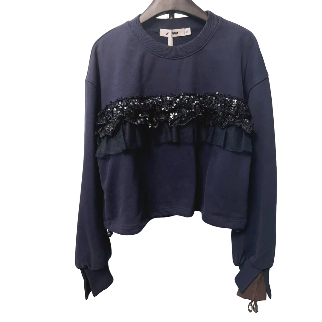 2025春夏新款2808A女装蕾丝亮片胸口套头纯色宽松百搭长袖卫衣