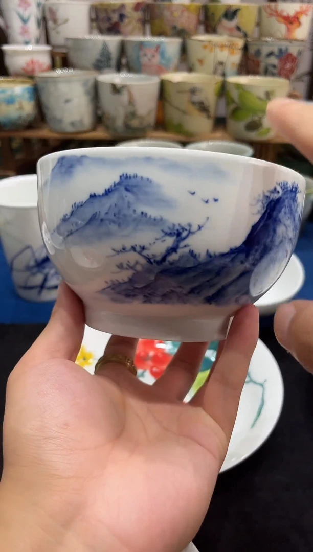 瓷片景德镇高温釉下手工手绘陶瓷高白泥罗汉碗青花山水