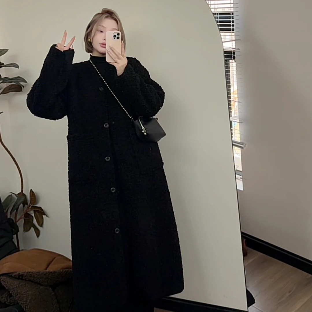 【瘦瘦】小羊肖恩-秋冬两色V领百搭显瘦正肩长款羊羔毛外套S01080